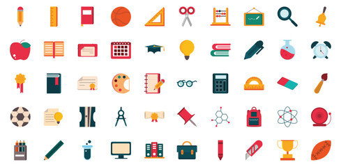School supplies education icons collection learning tools art craft science math sports student academic achievement