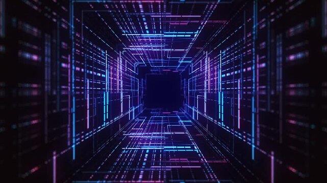 A rapid movement through a digital tunnel formed by streams of glowing dots and lines. The animation conveys the speed, energy, and atmosphere of a high-tech future. 4K Animation