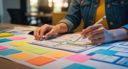 Fototapeta premium Web designer planning user interface experience with sticky notes and digital pen for website project
