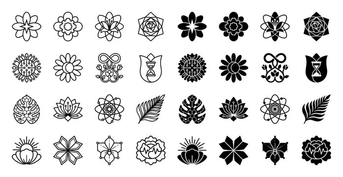 Symmetrical botanical icons merging floral shapes with geometric symbols featuring hourglass lotus atom and infinity leaf in outline and solid styles