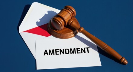 Amendment Concept with Gavel and Envelope: Legal Changes and Policy Adjustments Depicted on Blue Background