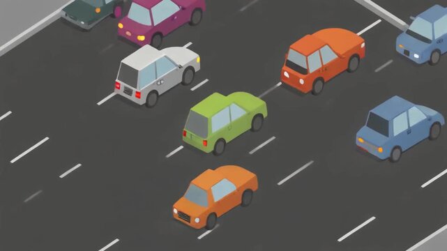 Isometric low poly city traffic animation with colorful cars and truck on road