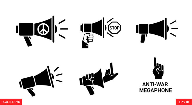 Six black and white icons depicting megaphones with symbols of peace, stop, and anti-war messages for protest and activism.