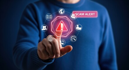 Fototapeta premium Person pointing to virtual scam alert notification, cyber security threat and fraud protection