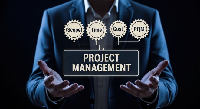 Project Management Concepts: Man in Suit Presenting Key Aspects of Time, Cost, Scope, and PQM