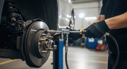 Fototapeta premium Close-up of a mechanic in black gloves using a specialized tool to bleed the brake fluid system of a car, ensuring optimal vehicle safety and performance.