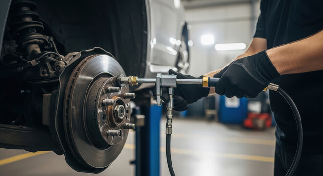 Close-up of a mechanic in black gloves using a specialized tool to bleed the brake fluid system of a car, ensuring optimal vehicle safety and performance.