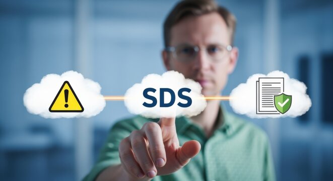 Safety Data Sheet (SDS) management concept featuring a person, cloud graphics and document protection