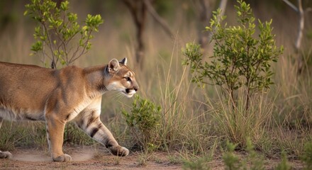 Fototapeta premium A mountain lion walks through a natural landscape with trees and grass
