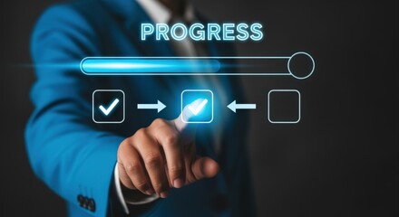 Obraz premium Progress Bar Graphic with Businessman Touching Screen: Business Development and Completion Concept