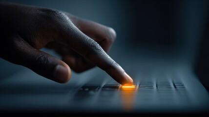 Finger pressing illuminated laptop button symbolizing technology, innovation, internet security, and digital access control