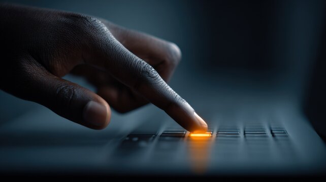 Finger pressing illuminated laptop button symbolizing technology, innovation, internet security, and digital access control