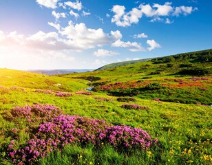Fototapeta premium Wide spring meadow covered with colorful wildflowers, fresh green grass, blue sky with fluffy clouds, warm sunlight, cinematic landscape photography, vibrant natural colors, peaceful atmosphere