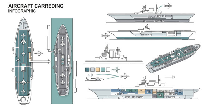 Detailed infographic illustrating various views and internal structures of an aircraft carrier, including top-down, side, and isometric perspectives, highlighting its design and operational aspects.