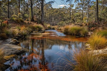 Obraz premium Creek flowing through australian bush with eucalyptus trees reflecting on water surface