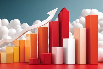Rising business growth bar chart with upward arrow and colorful 3D columns against sky