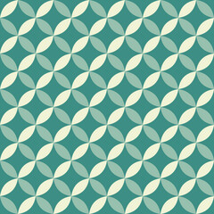 Seamless mid-century modern geometric pattern with interlocking teal and mint circles. Elegant retro repeating background for wallpaper, fabric prints, and minimalist graphic design