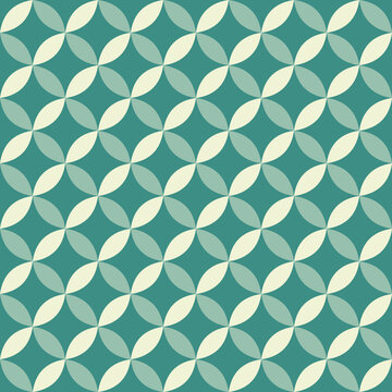 Seamless mid-century modern geometric pattern with interlocking teal and mint circles. Elegant retro repeating background for wallpaper, fabric prints, and minimalist graphic design