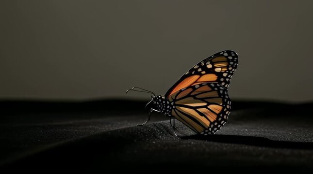 Butterfly, insect and wildlife in a dark studio setting with monarch butterfly resting on textured surface, showcasing delicate wings and intricate patterns. Nature, macro photography and close-up