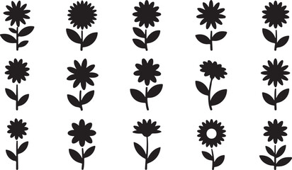 Fototapeta premium Black silhouette of stylized flowers with stems and leaves on white background