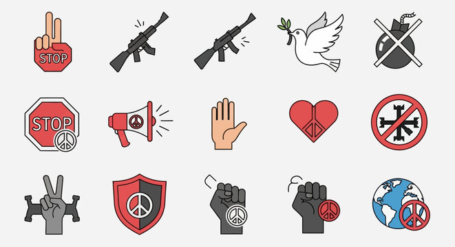 A collection of colorful vector icons representing peace, anti-war, anti-violence, and anti-COVID themes, including stop signs, peace symbols, weapons, and global health.
