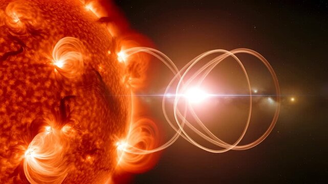 Solar Flares Energetic Space Explosion Cosmic Radiation Aurora Borealis Astrophysics Solar 4K HD high quality video.

