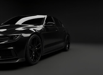 Naklejka premium Sleek black luxury car parked in dark modern studio setting