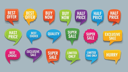 Fototapeta premium Colorful collection of speech bubble icons with various expressions and symbols