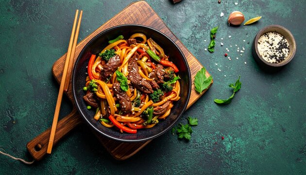Traditional Japanese udon stir-fry with beef and vegetables on a dark textured background.