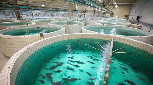 Modern Indoor Aquaculture Facility with Numerous Circular Tanks for Sustainable Fish Production in a Controlled Environment, Industrial Fishery