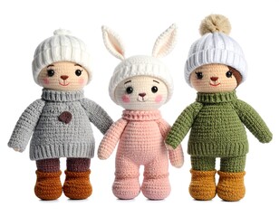 Three crocheted dolls in winter hats and outfits stand side-by-side against a white background