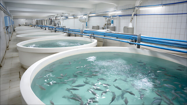 Modern aquaculture facility with multiple large white tanks holding numerous fish in clear, aerated water under bright industrial lighting