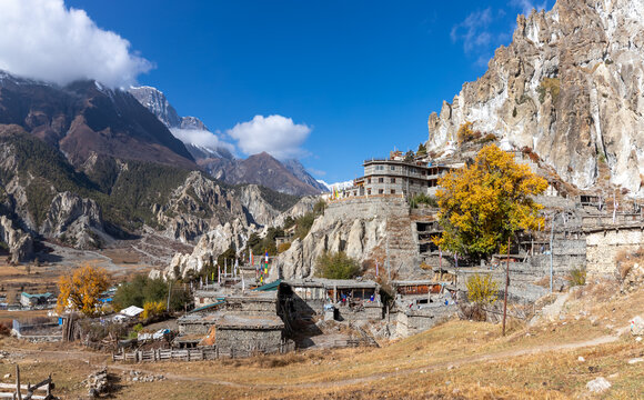 Houses in the Himalaya Mountain Valley near Manang, Nepal along the Annapurna Circuit Trail ACT Trek