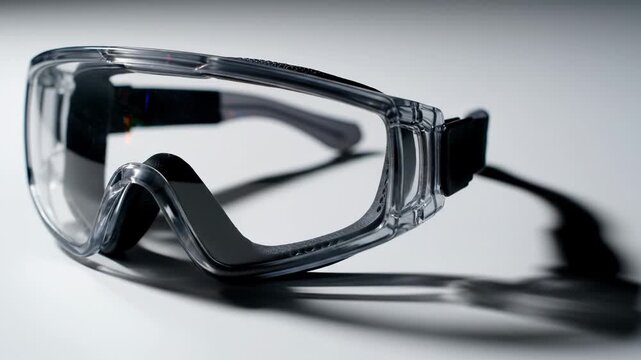 Close-up of transparent protective eyewear with a darkened frame and a sharp shadow