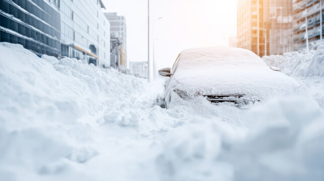 Vehicle completely covered by heavy snow, parked on an urban street with massive snowdrifts after a blizzard