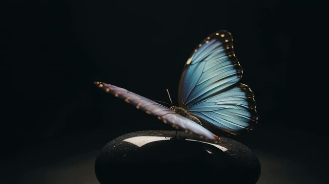 Butterfly, nature and wildlife on a dark stone surface for macro photography, delicate beauty and transformation with blue morpho butterfly resting gracefully in low-key lighting. Elegance, serenity