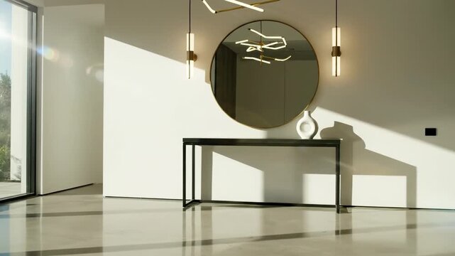 Modern interior featuring a circular mirror, lighting, and a console table against a white wall