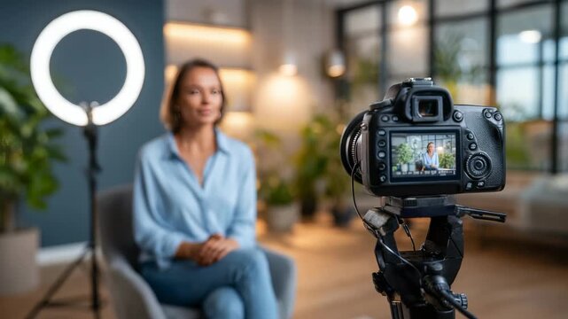 Confident female vlogger filming tutorial or interview in stylish living room with professional equipment. Home studio setup highlights creativity, technology, remote work trends in content creation