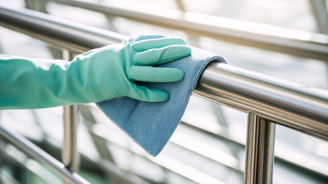 Hand in protective glove cleaning a metal handrail with a cloth, promoting sanitation, disinfection, and germ prevention