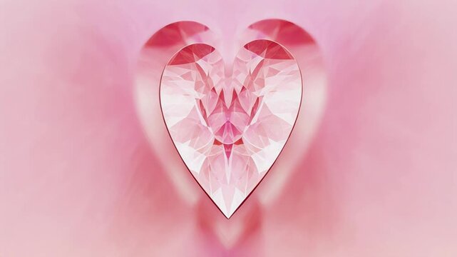 Pink heart-shaped gemstone on soft pink background with reflection, symbolizing love and romance, ideal for Valentine's Day or wedding invitations
