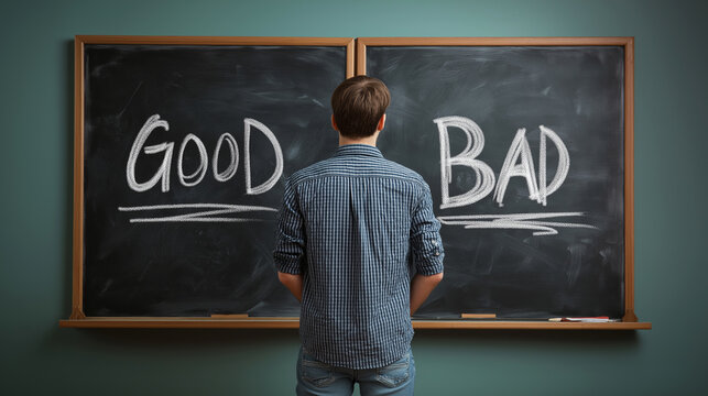 Man standing with back to viewer, contemplating choices between good and bad written with chalk on two separate blackboards