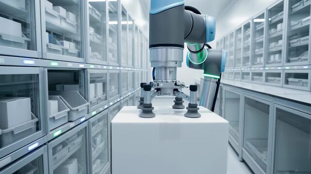 Robotic arm with vacuum grippers lifting a white box in a clean automated warehouse or laboratory storage facility
