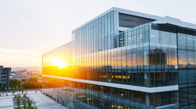 Contemporary glass facade of a city office building capturing the vibrant golden hour sunset and reflecting urban life