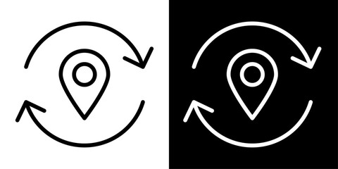 Obraz premium Modern relocation icon in outline style featuring map pin with circular arrows. Clean minimal symbol for moving service, address change and navigation UI.