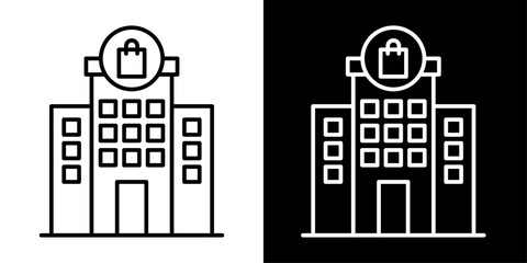 Shopping plaza icon in outline style representing retail center, commercial building and mall property for business and urban real estate UI design. © Muhammad