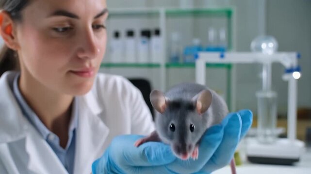 Scientist holds lab mouse in gloved hand in laboratory setting with equipment