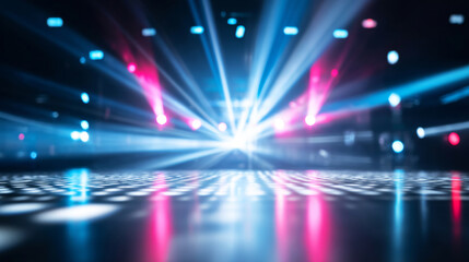 Obraz premium Dynamic light display illuminating an empty performance stage, showcasing energetic atmosphere for music, parties, and celebrations