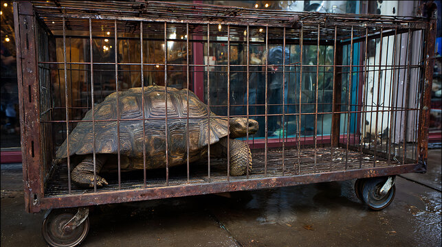 Large exotic reptile with textured shell inside a rustic metal cage on wheels, capturing a moment of confinement, a unique pet or wild animal