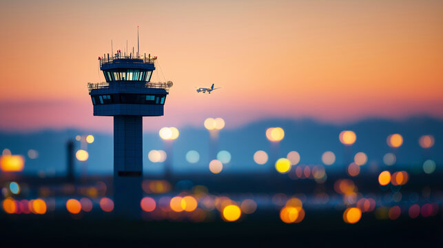 Airport control tower overseeing an airplane approaching against a vibrant sunset sky, with blurred city lights creating a warm atmosphere