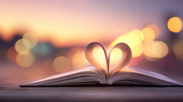 Open book with pages folded into a heart shape, catching warm sunset light. Concept of love, stories, and education